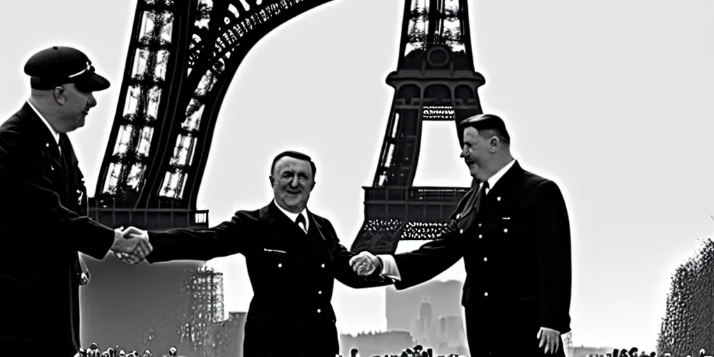 Image similar to minion shaking adolf hitlers hand in front of the eiffel tower, black and white, hyper realistic, award winning photo