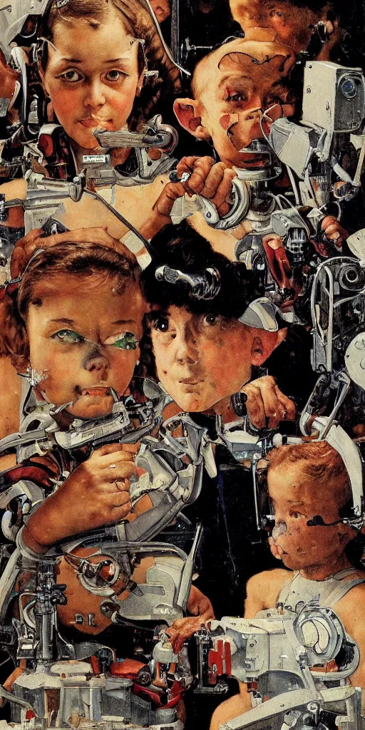 Image similar to Cyborg AI painting a portrait of it self. Norman Rockwell style. Ultra-high details.