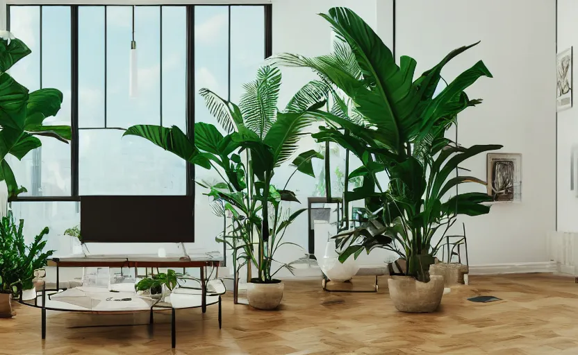 Image similar to empty room bohemian interior, big tv screen in the middle, tropical indoor plants, open shiny floor, v - ray render, high contras