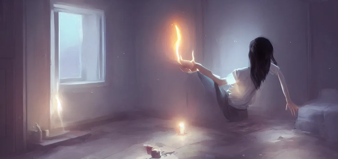 Image similar to Young Himalayan woman concerned in an empty room using psychic powers to make a lighter float| night time scene, plain walls |somber white eyes, long messy hair | gentle lighting, futuristic, dim lighting, digital art by Makoto Shinkai ilya kuvshinov and Wojtek Fus, digital art, concept art,