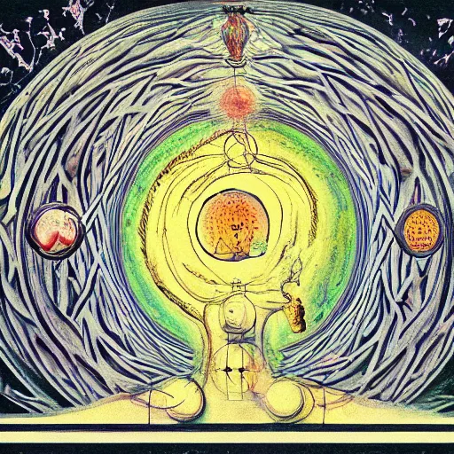 Image similar to A depiction of the symbolic alchemical experiences of the deep unconscious structures of the psyche, as it endlessly expands into forming new structures of the conscious mind
