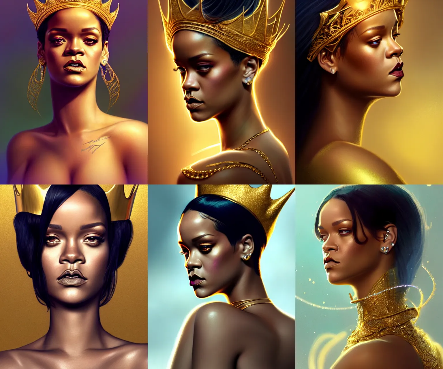 Prompt: side portrait of rihanna with a golden crown, light iridescent color, gold glasses, fantasy, intricate, sharp focus, lens flare, bloom, rim light, illustration, highly detailed, digital painting, concept art, matte, art by ruan jia