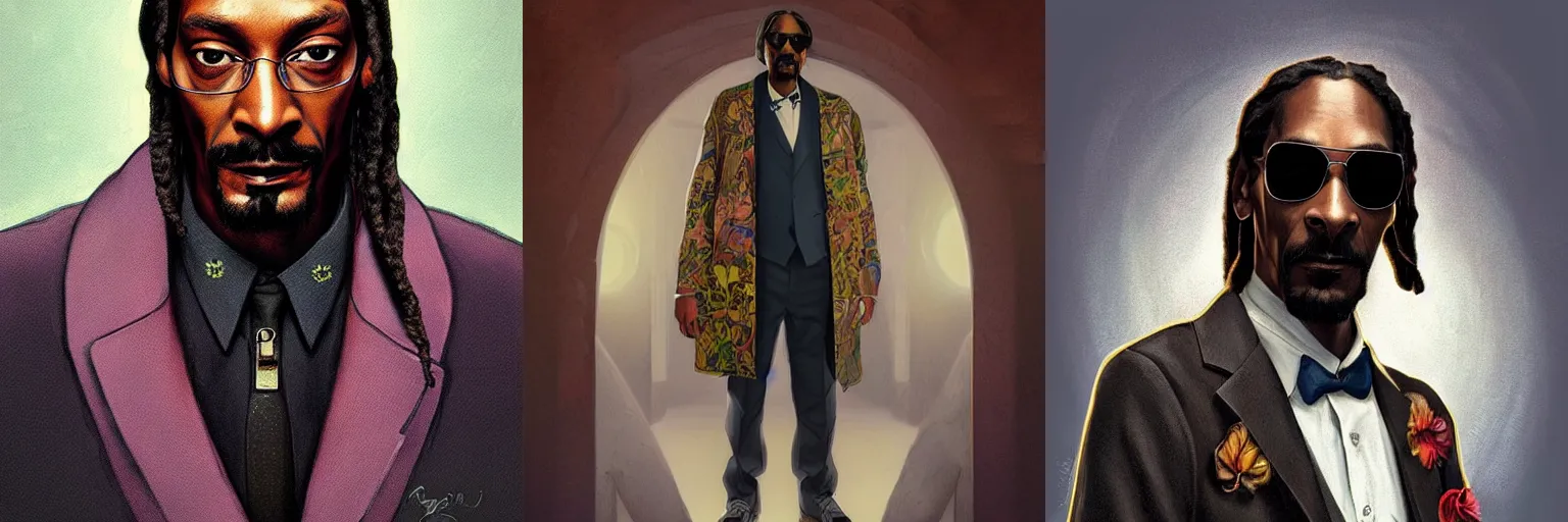 Prompt: portrait of Snoop Dogg as a detective, highly detailed, digital painting, artstation, concept art, sharp focus, illustration, art by artgerm and greg rutkowski and alphonse mucha