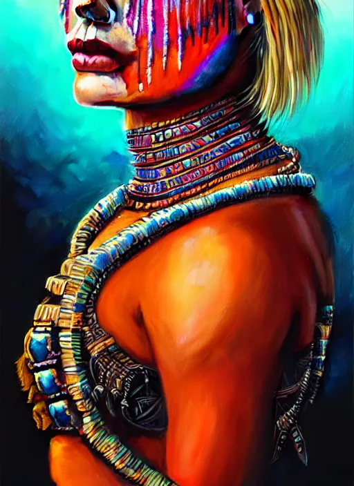 Image similar to portrait of margot robbie, hyper detailed ultra sharp aztec shaman warrior. trending on artstation, warpaint aesthetic, bloodwave, colorful, psychedelic, ornate, intricate, digital painting, concept art, smooth, sharp focus, illustration, art by artgerm and greg rutkowski and h. r. giger, 8 k