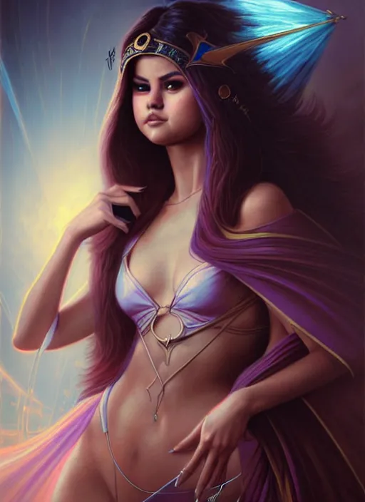 Image similar to fineart portrait illustration of selena gomez as a sorceress by peter mohrbacher, hyper detailed, crisp