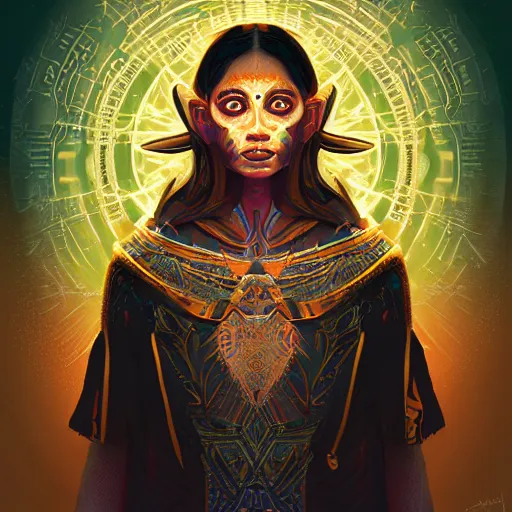 Image similar to portrait of a future metaverse Ayahuasca tech shaman warrior, 2D cartoon, visionary art, symmetric, Magick symbols, holy halo, shipibo patterns, sci-fi, concept art, trending on art station, 8k digital art, by Mandy Jurgens, fantasy portrait art, anime