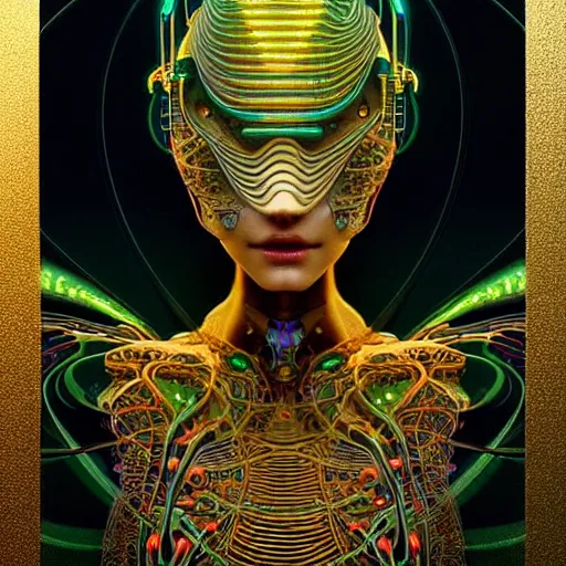 Image similar to extremely psychedelic beautiful brutalist cyborg organism infected by night. intricate, elegant, highly detailed, extremely lifelike photorealistic digital painting, artstation. steichen, gaston bussiere, tom bagshaw, brutalist cyberpunk alphonse mucha. elegant minimalism. anatomically correct. sharp focus. gold with white accents. surreal lush cosmic hallucination