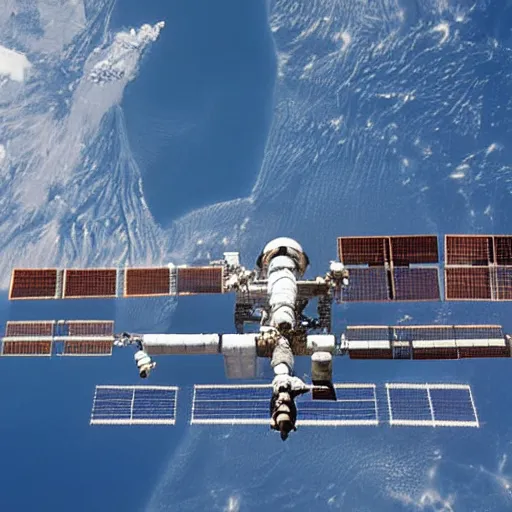 Image similar to close up focus shot of international space station ( iss ) with russian mir and salyut attached, spaceshuttle is ready for docking, apollo saturn v flying by