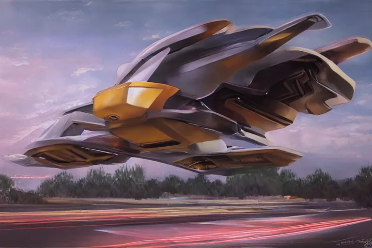 Image similar to futuristic flying vehicle concept on highway, painting by sydney mead, highly detailed, soft lighting, 8 k resolution, oil on canvas, architectural magazine