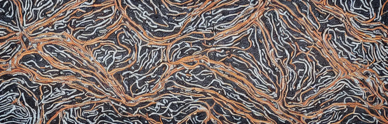 Prompt: An Australian indigenous artwork detailing the rugged terrain of the Snowy Mountains Australia, birds eye view, beautiful, aboriginal art