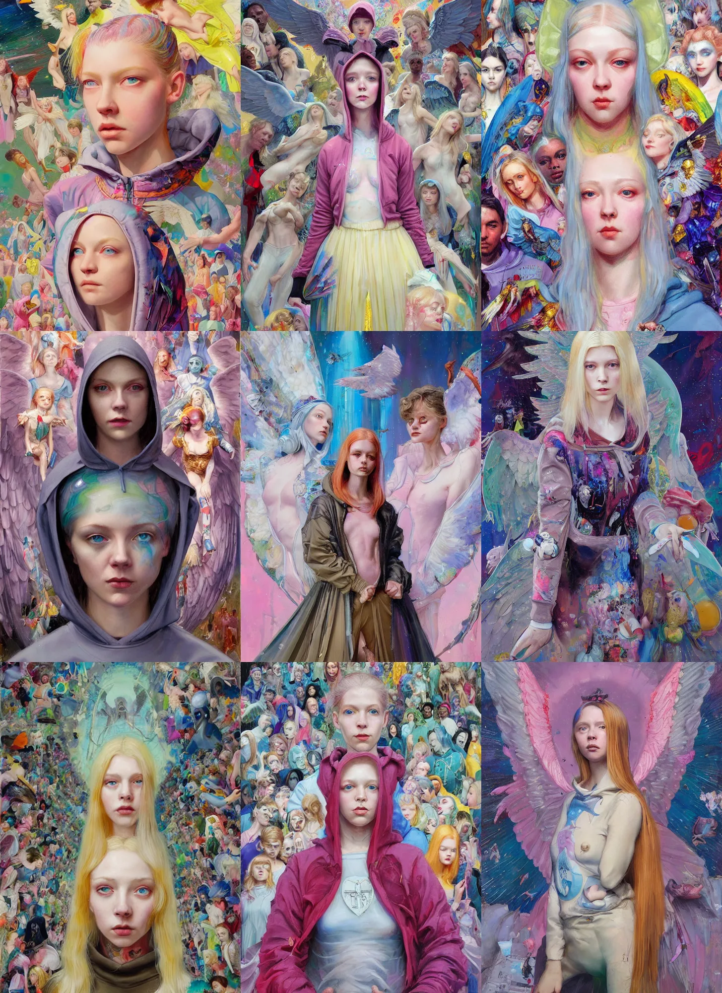 Prompt: 2 4 yo hunter schafer in the style of martine johanna and donato giancola, wearing a hoodie, standing in township street, madonna surrounded by angels,!! haute couture!!, full figure painting by john berkey, david choe, ismail inceoglu, pastel color palette, detailed impasto, 2 4 mm lens