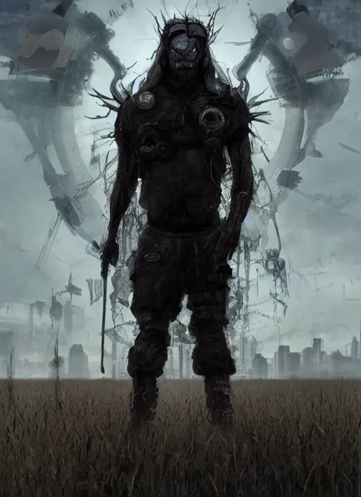 Prompt: a demonic looking man standing in the middle of a field, cyberpunk art by aleksi briclot, trending on artstation, antipodeans, concept art, artstation hd, dystopian art