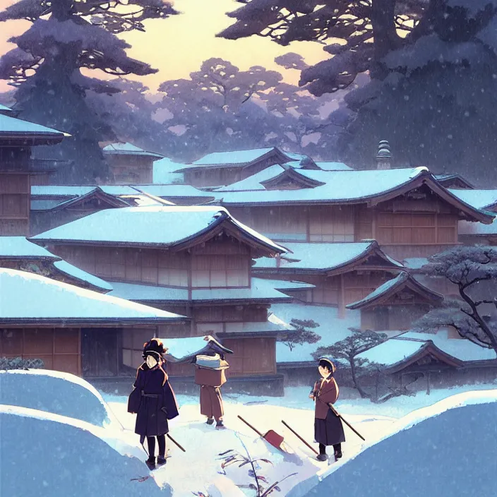 Prompt: japanese countryside, winter, in the style of studio ghibli, j. c. leyendecker, greg rutkowski, artem