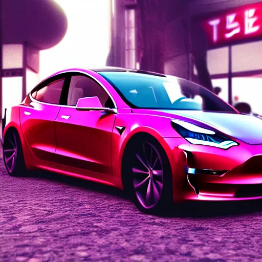 Prompt: tesla model 3 in Japanese city, artstation, synthwave