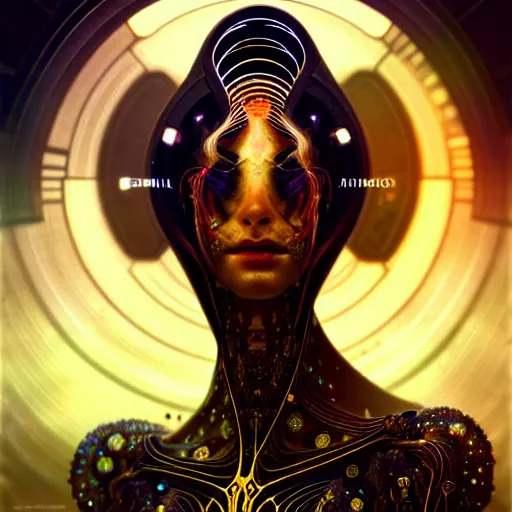 Image similar to extremely psychedelic beautiful cyborg virus infected by night. intricate, elegant, highly detailed, extremely lifelike photorealistic digital painting, artstation. steichen, gaston bussiere, tom bagshaw, cyberpunk alphonse mucha. totally elegant. anatomically correct. sharp focus. black and gold. surreal lush cosmic hallucination