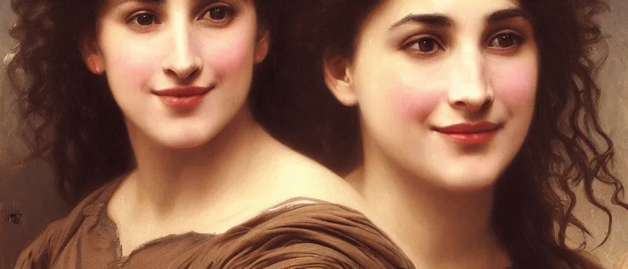 Image similar to Monica Bellucci as Hermione Granger. Smiling. Happy. Cheerful. Art by william adolphe bouguereau. Extremely detailed. Beautiful. 4K. Award winning.