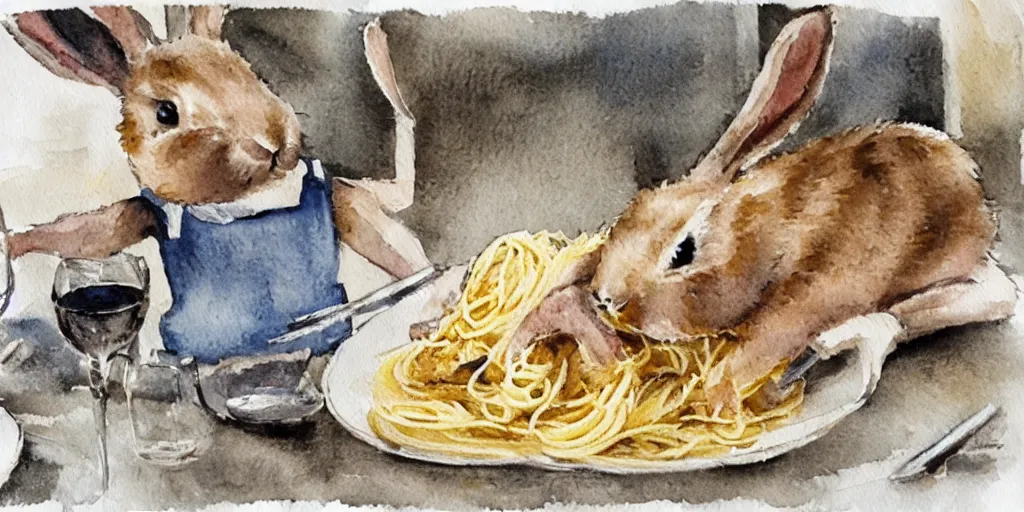 Image similar to a rabbit cooking pasta in a french restaurant, realistic watercolour