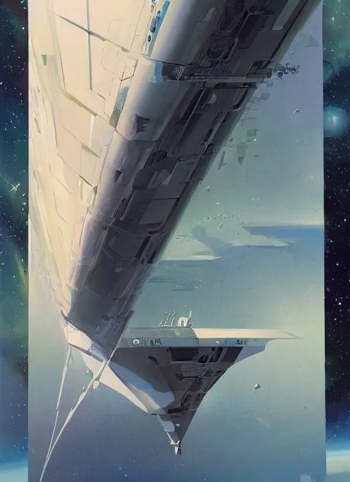 Image similar to understated. distant. negative space dominant. vast. empty. spacious bg. minimalistic piece. simplified environment. lonely cosmos. single ship as main subject. masterpiece book cover illustration by the great famous sci - fi artist john berkey.