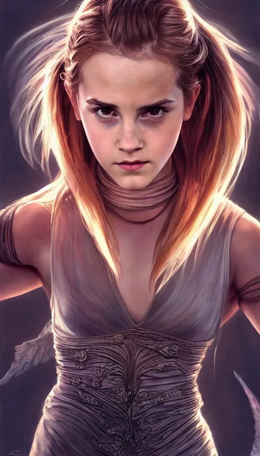 Image similar to angel, perfectly-centered-painting of young Emma Watson as lilu from the fifth element, sweaty, dynamic action pose, insane, intricate, highly detailed, digital painting, artstation, concept art, smooth, sharp focus, illustration, Unreal Engine 5, 8K, art by artgerm and greg rutkowski and alphonse mucha