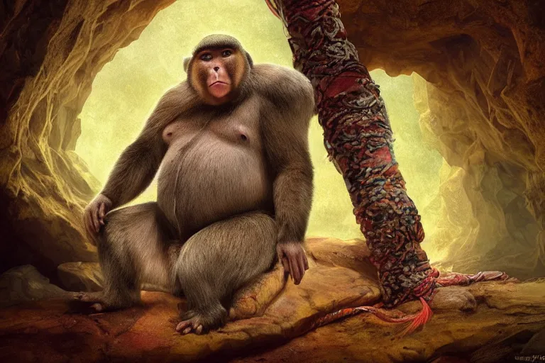 Prompt: a full body portrait of a fat monkey king sitting in a large cavern, moody lighting, bright colors by Daniel Romanovsky,