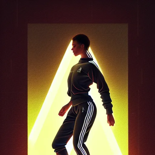 Image similar to portrait of attractive slav heroine wearing an addidas tracksuit with a phone in hand. illuminated phone screen, slav building backrounds, by greg rutkowski and wlop, detailed, cinematic, 8 k, intricate, rule of thirds.