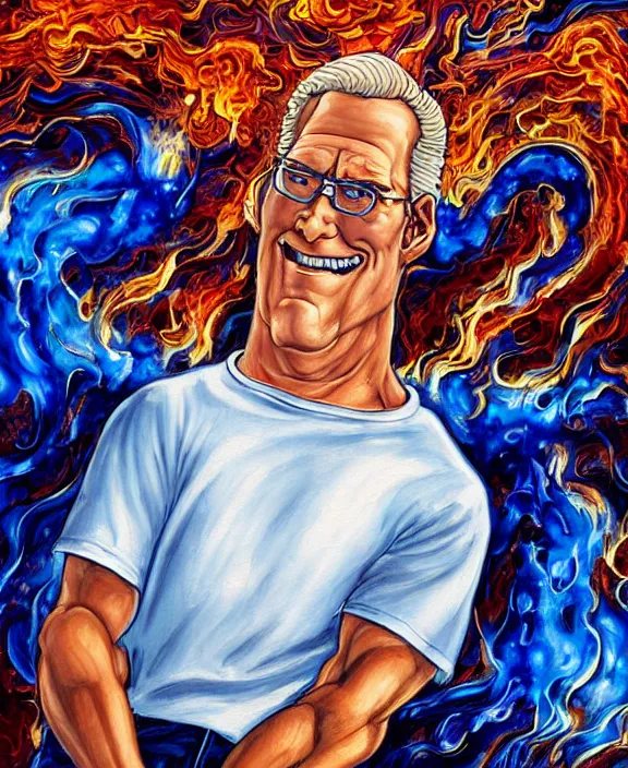 Image similar to hank hill wearing bluejeans and white tshirt, the god of propane's blue flames, blue fire, biblical painting, art by mike judge, art by josephine wall, art by amanda sage, art by huang guangjian, art by viktoria gavrilenko, trending on artstation