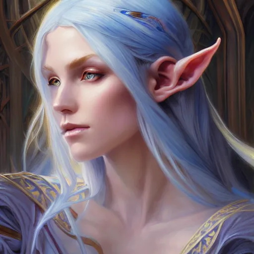 Image similar to half elf sorceress, D&D, blue eyes, blonde hair, fantasy, intricate, elegant, highly detailed, digital painting, artstation, concept art, smooth, sharp focus, illustration, art by artgerm and greg rutkowski and alphonse mucha