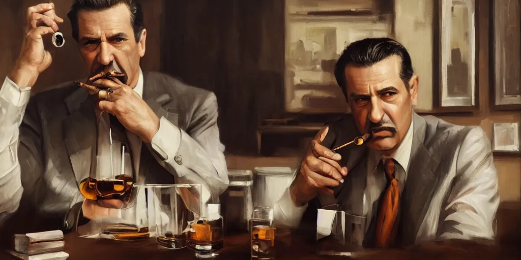 Image similar to beautiful oil matte portrait painting, mafia boss holding a cigar and drinking whiskey at his 5 0 s new york office desk, wonderful masterpiece highly detailed, beautiful cinematic light deep focus, elegant, digital painting, smooth, sharp focus, golden ratio, dramatic illumination, ultra realistic, 8 k, art by jimmy law