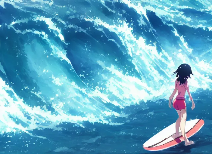 Prompt: a girl surfing a big wave, slice of life anime, anime scenery by Makoto Shinkai