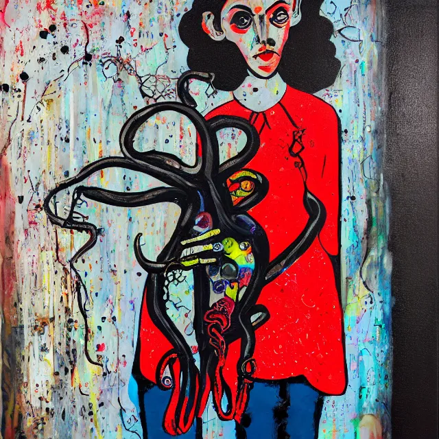 Prompt: a portrait in a dark apartment, a widow holding an octopus, milk, berries, broken bottles, metaphysical, neo - expressionism, surrealism, acrylic and spray paint and oilstick on canvas