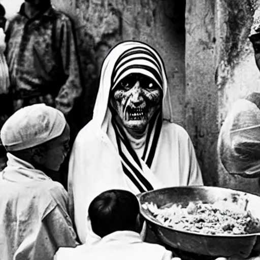 Prompt: zombie mother teresa giving food out at an orphanage