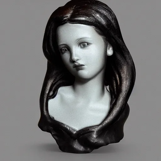 Prompt: portrait sculpt of beautiful black haired female angel, shameful, sad, dark