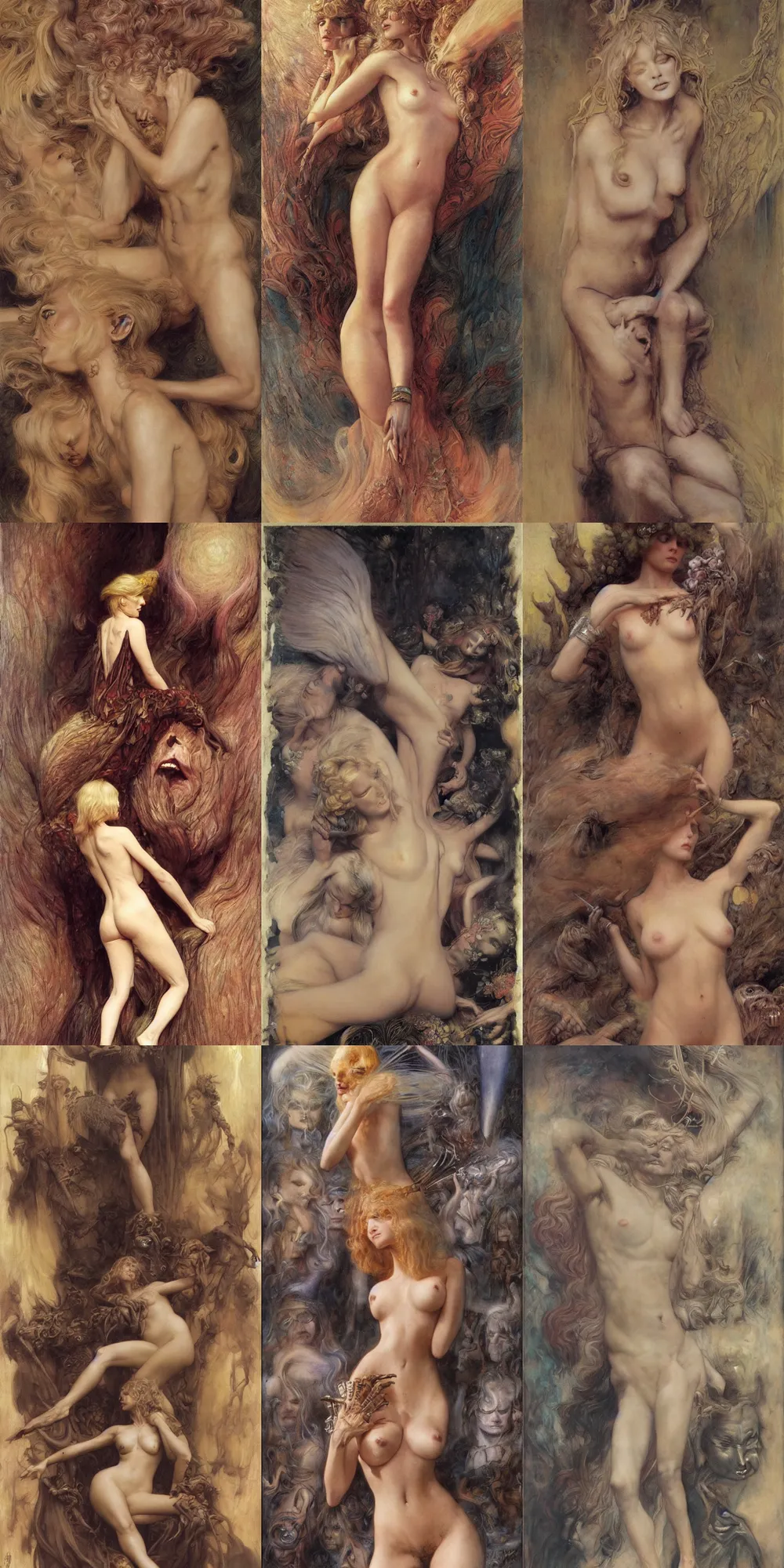 Prompt: a blonde supermodel, by wayne barlowe, by gustav moreau, by goward, by gaston bussiere, by roberto ferri, by santiago caruso, by luis ricardo falero, by austin osman spare, by saturno butto