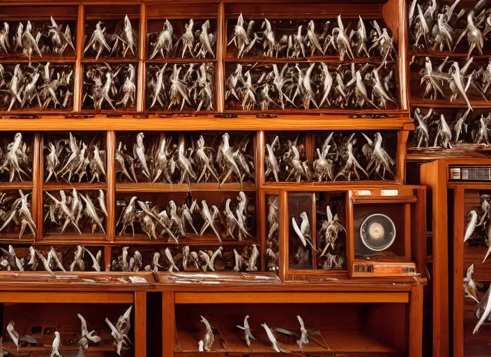 Image similar to realistic photo of the birds made of wood, polished and fancy, standing in the wooden room full of medieval computers. displays are shiny 1 9 9 0, life magazine reportage photo