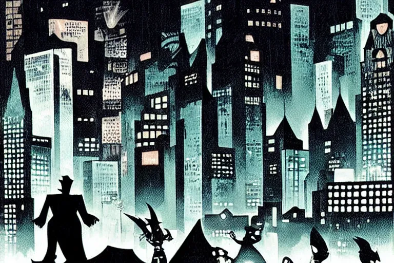 Image similar to gotham city, raining!, dark deco, bruce timm