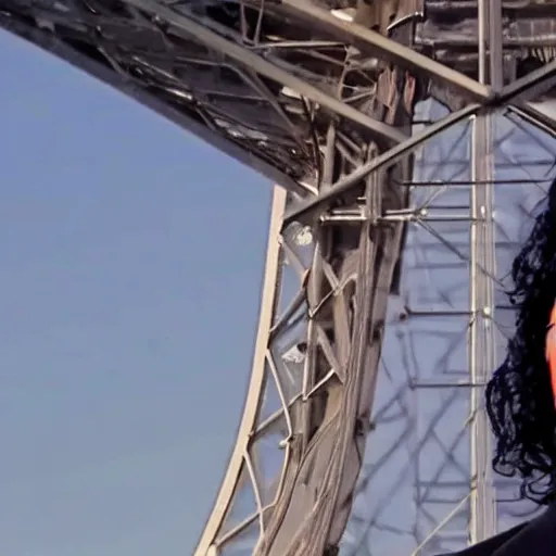 Image similar to old Michael Jackson recording music video in top of the Eiffel Tower, 4k 2022