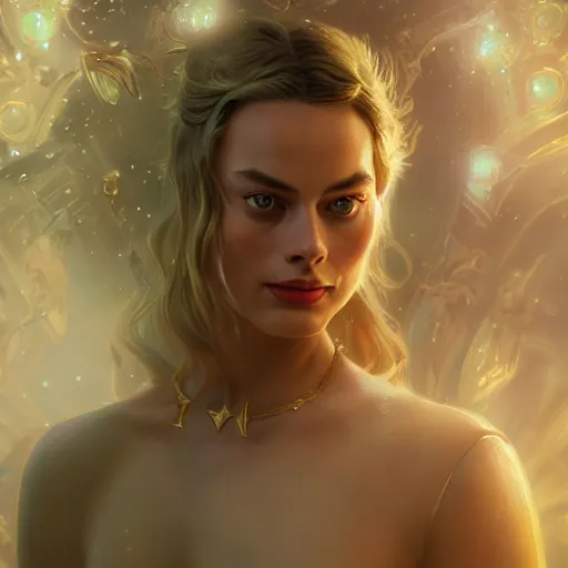 Prompt: margot robbie as galadriel by leonardo divinci, greg rutkowski, alphonse mucha, mystical cosmic lighting, octane render, artstation, rey tracing, golden ratio, rule of thirds, perfect composition