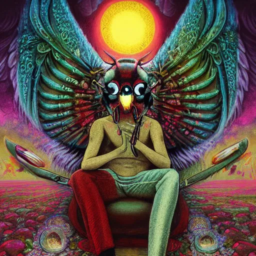 Image similar to A centered chest up portrait of a psychedelic godlike mothman with giant mandala wings smoking a hand-rolled cigarette smoking heavily , magic mushroom village in background , post-processing , award winning. superb resolution. in the art style of junji Ito and greg rutkowski . Detailed Mushroom city in background. Hyper realistic anime. Perfect art. Dalle2