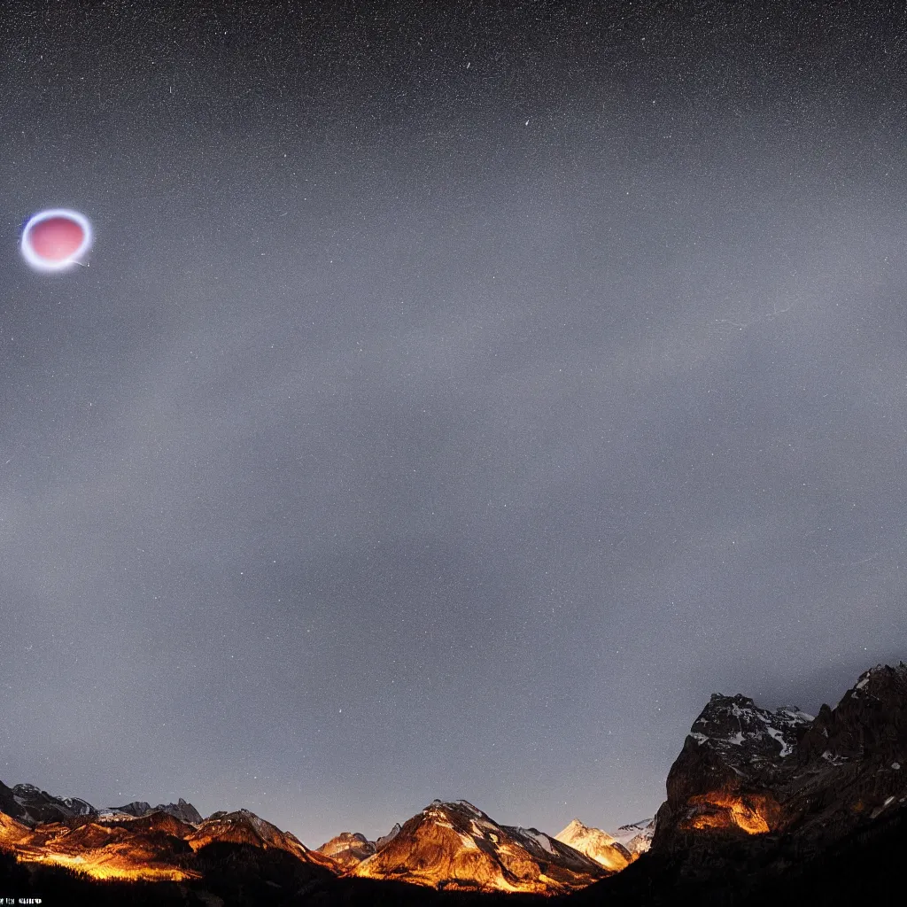 Prompt: A forested valley surrounded by snow-capped mountains at night, a ringed red gas giant in the sky, brightly-lit, no clouds