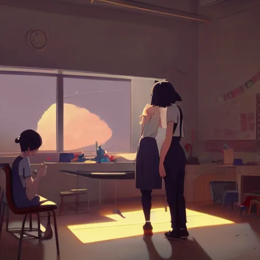 Prompt: teacher teaching with passion in a classroom, detailed, cory loftis, james gilleard, atey ghailan, makoto shinkai, goro fujita, studio ghibli, rim light, exquisite lighting, clear focus, very coherent, plain background