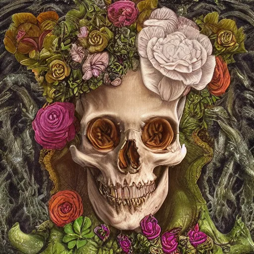 Image similar to a beautiful detailed rococo portrait of a rotten woman corpse becoming almost a skull with face muscles, veins, arteries, fractal plants and fractal flowers and mushrooms growing around, intricate, ornate, volumetric light, beautiful lit, beetlejuice