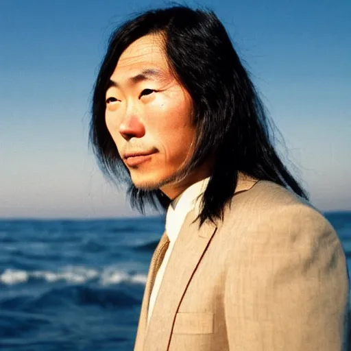 Image similar to japanese man with long hair in a beige suit standing in the ocean looking at the camera, wide shot, far!!!!!!! away, zoomed out, distance!!!!!!! shot, sunset, centered!!!!!!!!!!, album cover, tatsuro yamashita, 1980, ride on time