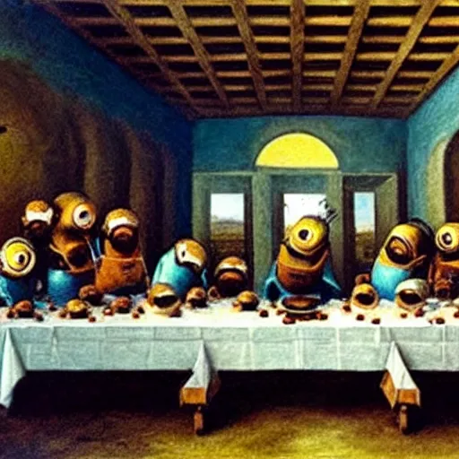 Prompt: a painting of minions from despicable me in the scene of the last supper by Leonardo da Vinci