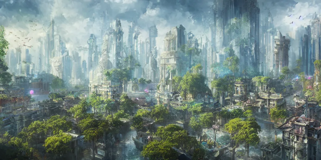 Image similar to a utopian city, filled with fauna, with building floating around everywhere, building cover with plant, dynamic lighting, fantasy concept art, trending on art station, stunning visuals, creative, cinematic, intricately detailed, unreal engine, 4 k