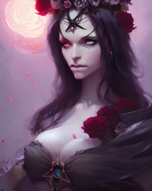 Image similar to dressed dark sorceress surrounded by skulls and roses, atmospheric, cushart krenz, very detailed, realistic face, detailed face, matte, tonemapping, bbwchan, perfection, 4 k, cushart krenz