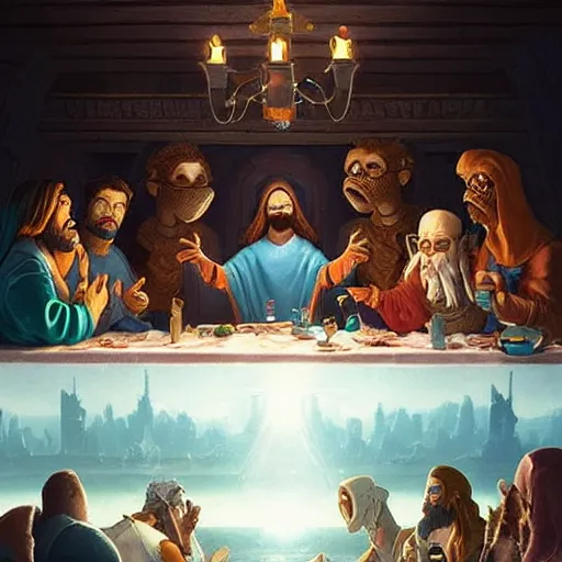 Prompt: Futurama characters at the Christ's last supper. Perfect composition. Very very beautiful digital art in style of Greg Rutkowski, intricate stunning texture and details, fine detailed face. Trending on artstation. Dramatic lighting