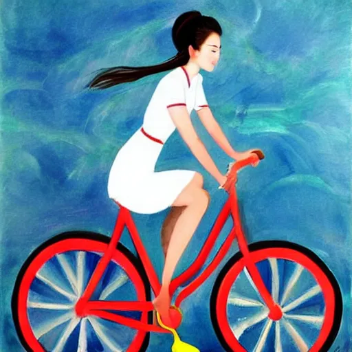 Prompt: a beautiful painting of a beautiful Asian girl riding a blue bycicle