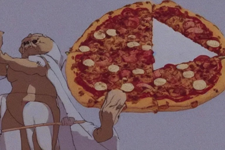 Image similar to a film still of pizza the hut in the akira, high quality