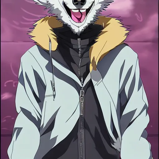 Image similar to key anime visual portrait of an anthropomorphic anthro wolf fursona, in a jacket, with handsome eyes, official modern anime art