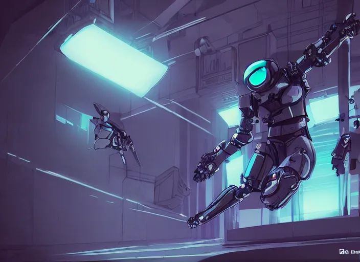 Image similar to g girl in blue hoodie jumping away from mech robot, animatic, high quality, cyberpunk